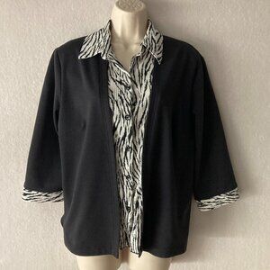 Alfred Dunner Medium 2-for-1 Layered Top Black Cardigan Zebra Print Blouse